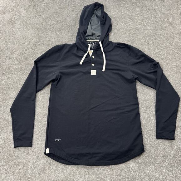 BYLT Drop Cut Hooded Henley Mens Medium Black Long Sleeve Stretch Drawstring Lux - Picture 1 of 9
